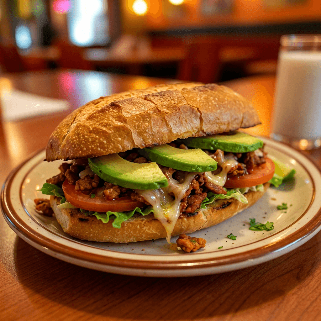 Mexican torta with meat and avocado