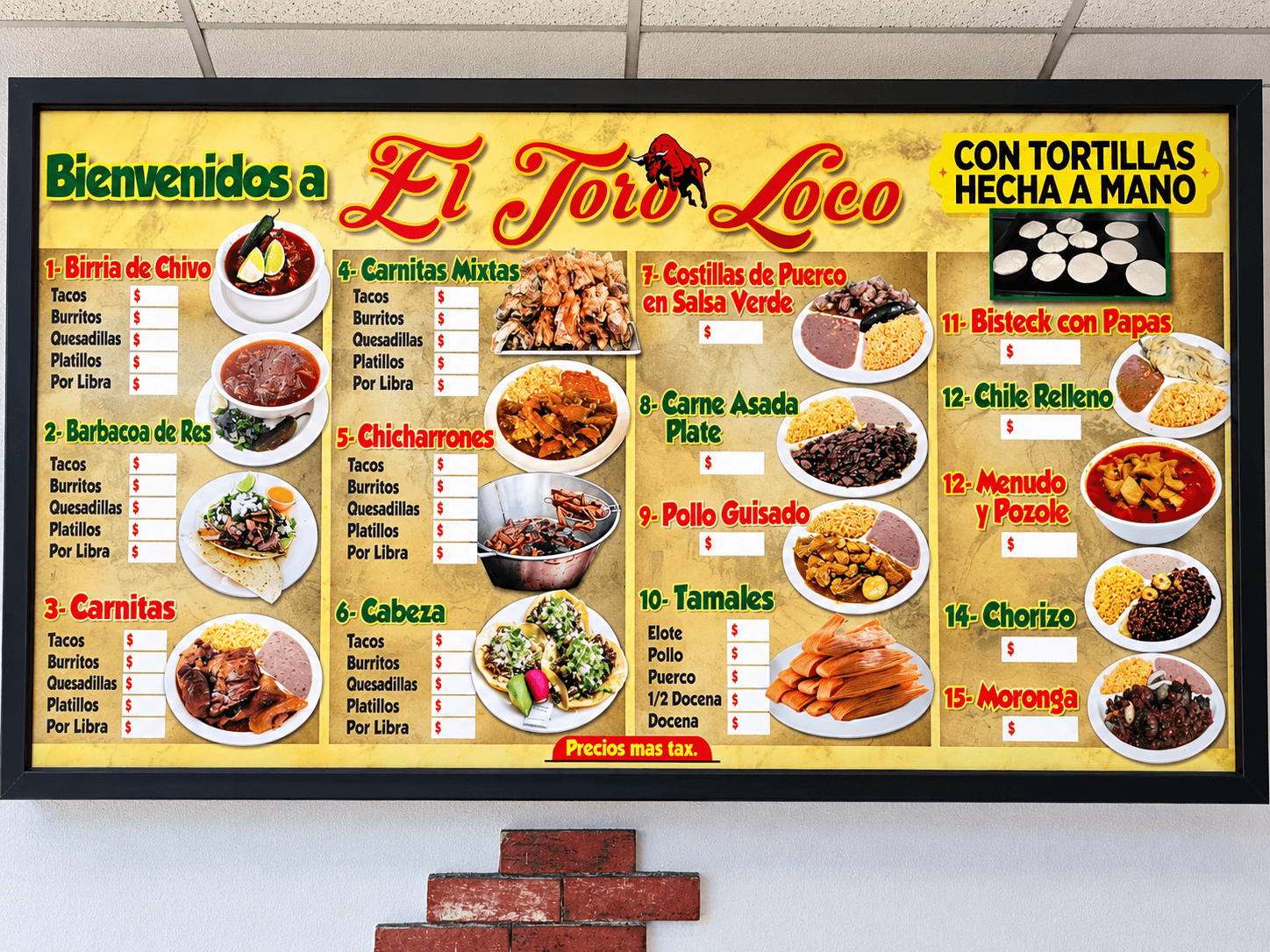 El Toro Loco menu board highlighting handmade tortillas