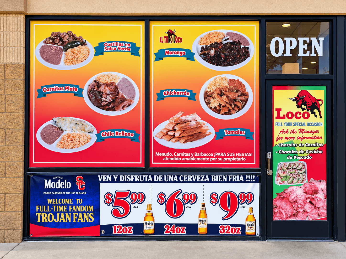 El Toro Loco exterior food display and party-order sign